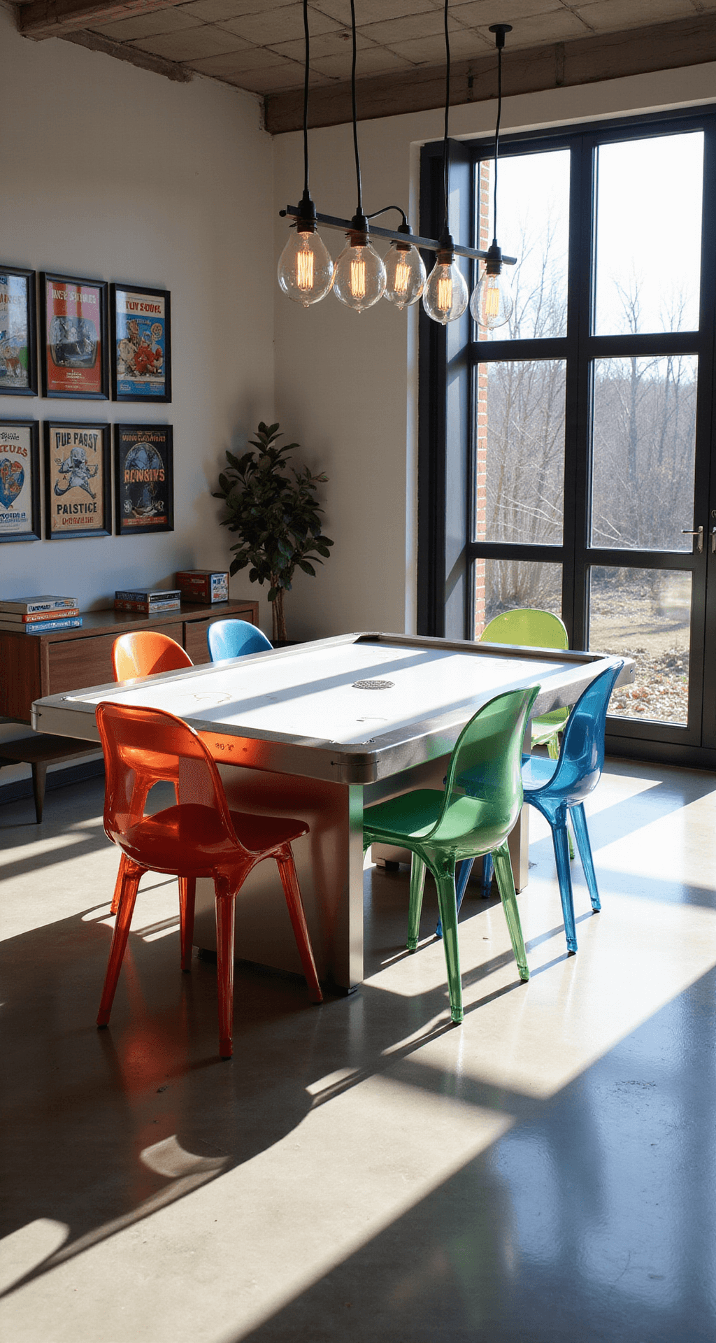 A bright, modern family room with floor-to-ceiling windows, polished concrete floors, and geometric shadows; featuring a 5x5ft multi-functional air hockey table surrounded by colorful acrylic ghost chairs, pendant lights, a magnetic scorekeeping board, and a gallery of vintage game advertisements.