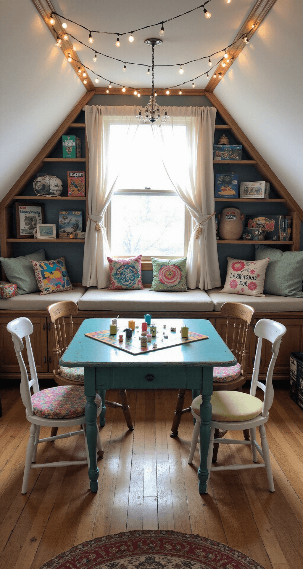 A cozy attic game room featuring sloped ceilings and dormer windows, with a fold-out teal game table in the center surrounded by vintage chairs. Soft afternoon light filters through sheer curtains, enhancing the dreamy atmosphere. Colorful Monopoly game pieces adorn the table, while string lights and quirky throw pillows add a magical touch. Built-in shelves store games and puzzles, and a pastel rag rug covers the wooden floor.