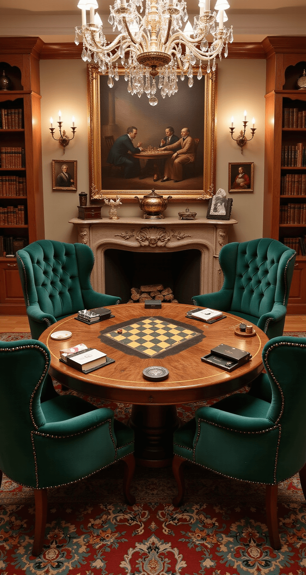 An elegant 18x24ft formal living room transformed into a sophisticated game parlor, featuring a stunning walnut game table surrounded by emerald velvet wingback chairs, with soft evening light from crystal sconces, a grand chandelier overhead, and bookshelves filled with leather-bound classics and antique game sets.