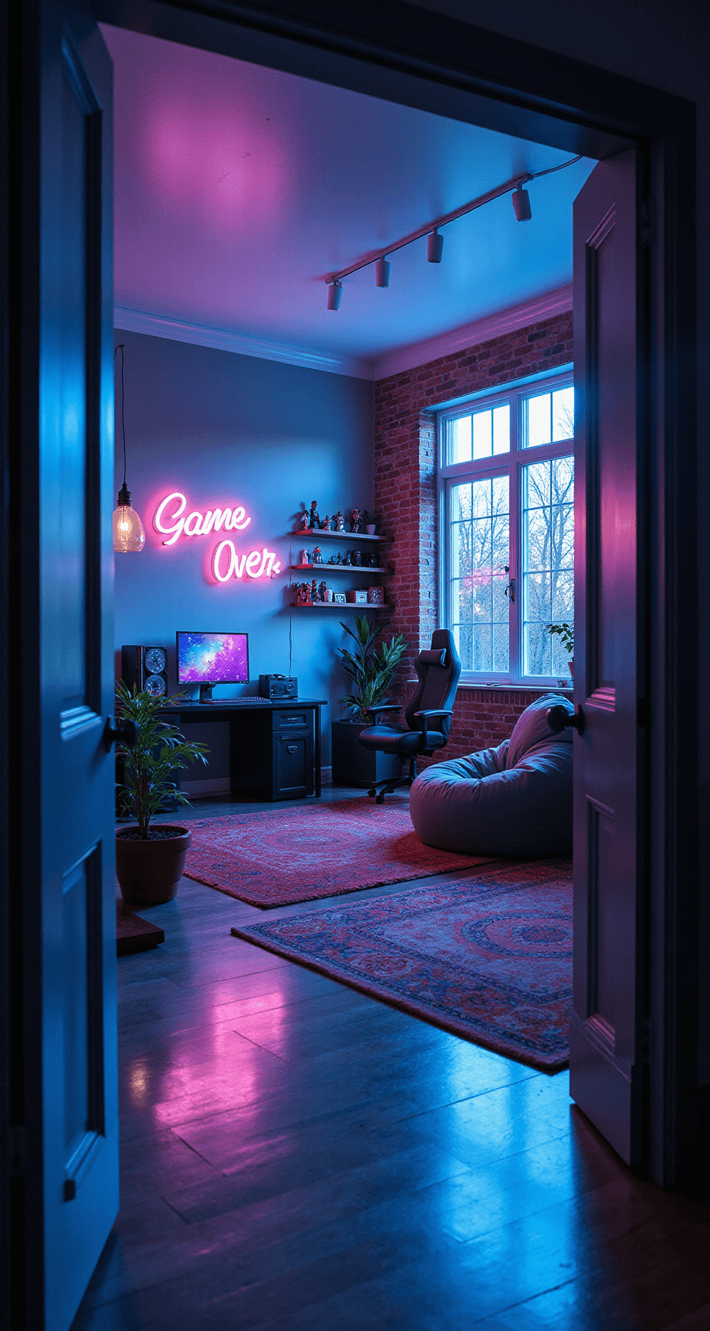Spacious game room with exposed brick walls, high ceilings, large windows casting shadows, an L-shaped desk with a multi-monitor setup, RGB-lit gaming PC, vibrant neon signs, floating shelves with collectibles, oversized bean bag, ergonomic gaming chair, and cool blue LED lighting, captured in soft focus from the doorway.