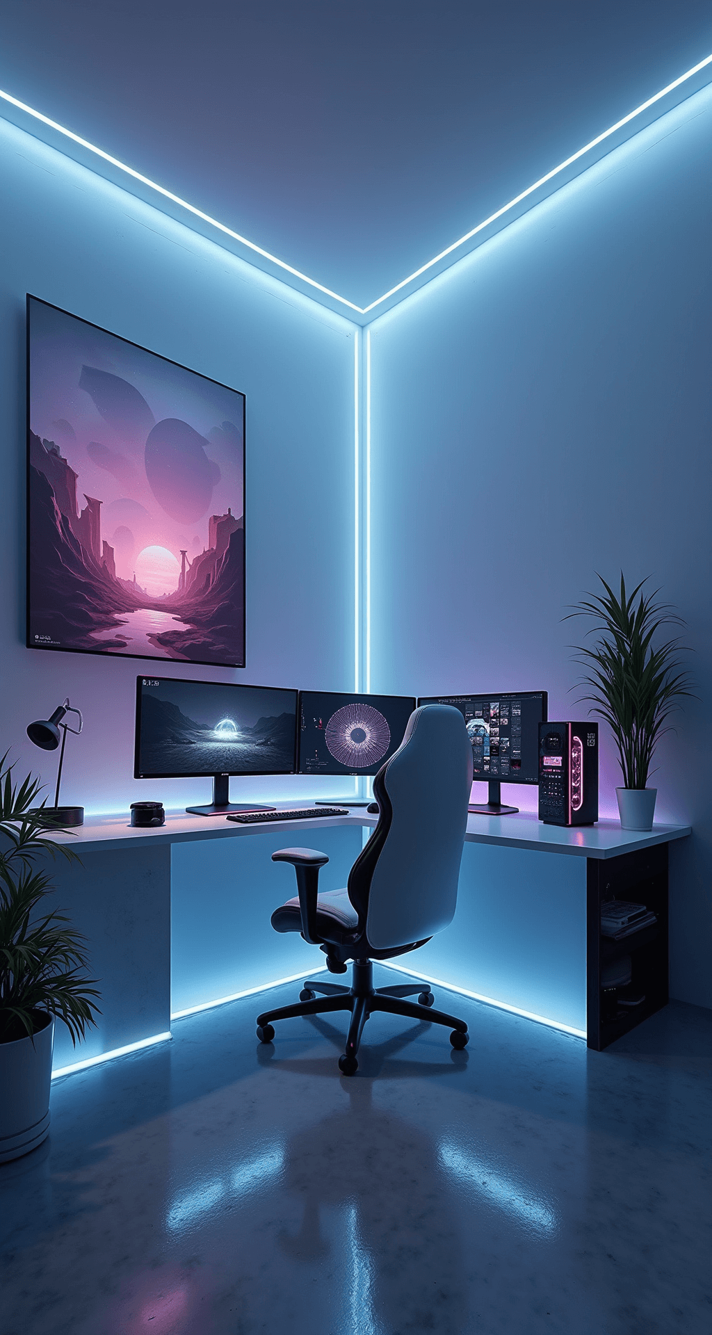 A futuristic minimalist gamer setup with a curved ultra-wide monitor, custom water-cooled PC, and sleek white leather chair, illuminated by recessed LED strips in blues and purples, featuring polished concrete floors and an abstract geometric art piece on the wall.