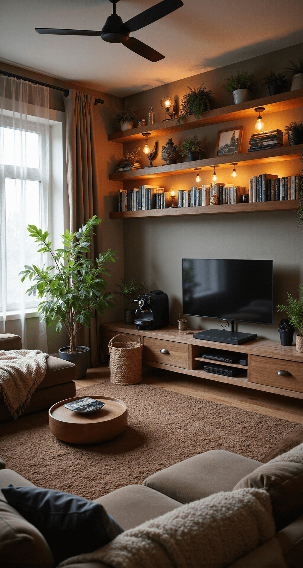 A cozy gamer's retreat featuring a large L-shaped sectional filled with plush blankets and pillows, facing a wall-mounted TV and gaming setup. Soft afternoon light spills through sheer curtains, illuminating a thick rug in earthy tones. Floating shelves hold plants, books, and gaming memorabilia, while warm Edison bulbs create an inviting ambiance. A corner coffee bar with an espresso machine adds a touch of luxury. The perspective is from seated eye level on the couch, emphasizing a layered, lived-in atmosphere.