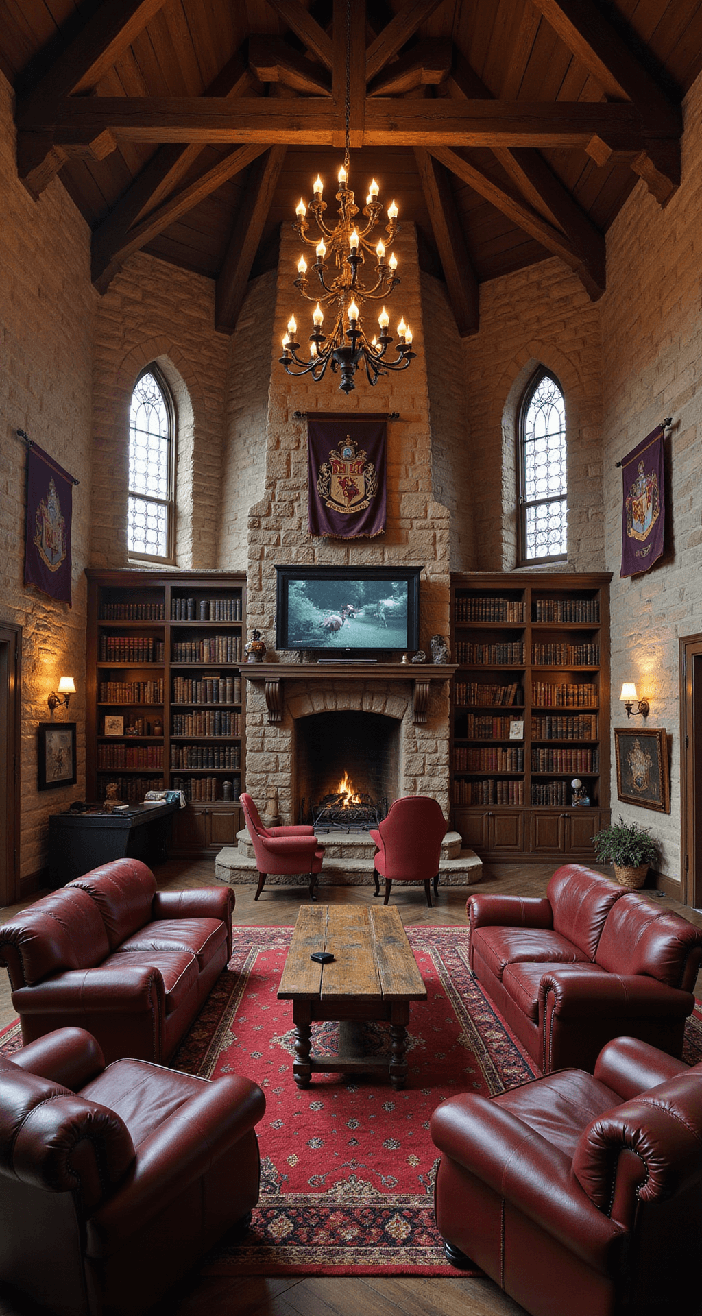 A grand Hogwarts-inspired gaming room featuring faux stone walls, vaulted ceilings with floating candles, a cozy fireplace setup, leather armchairs, and bookshelves filled with magical artifacts, all illuminated by warm, dramatic lighting.