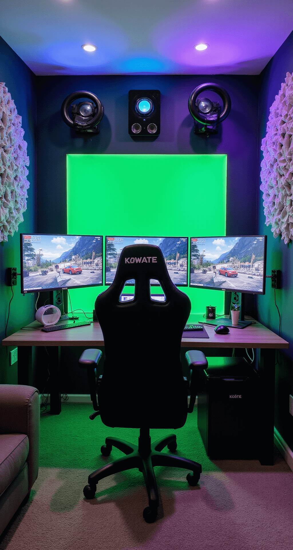 A compact streamer studio featuring a central gaming desk with multiple monitors, a green screen backdrop, and professional-grade equipment, surrounded by sound-absorbing panels and ambient LED lighting, with a cozy chill zone in one corner.
