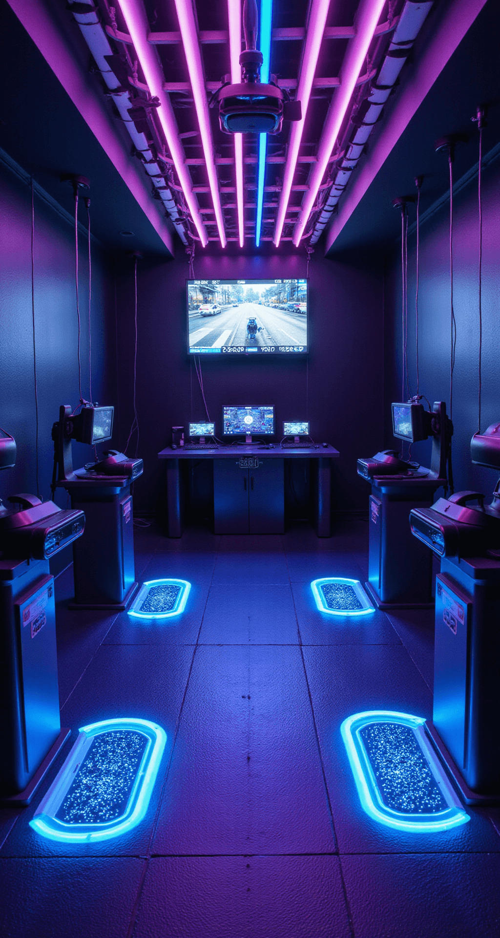 A high-angle view of an immersive VR gaming zone in a converted warehouse, featuring dark walls, glowing floor markers, retractable VR headsets, sleek podiums for accessories, a central control booth with multiple screens, and vibrant neon lighting enhancing the cyberpunk aesthetic.