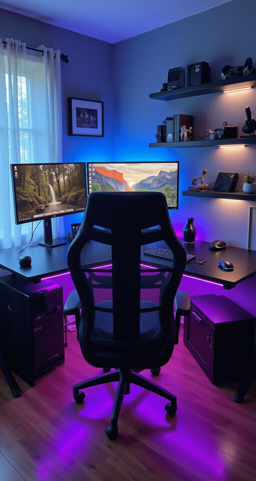 A spacious 15x20ft gaming room featuring an ultra-wide curved monitor on a matte black adjustable desk, an ergonomic black and electric blue gaming chair, and cyberpunk purple LED strip lights. Cable management is hidden, and floating shelves display gaming collectibles. The image is shot from a corner perspective, showcasing moody ambient lighting and high-end gaming peripherals arranged neatly.