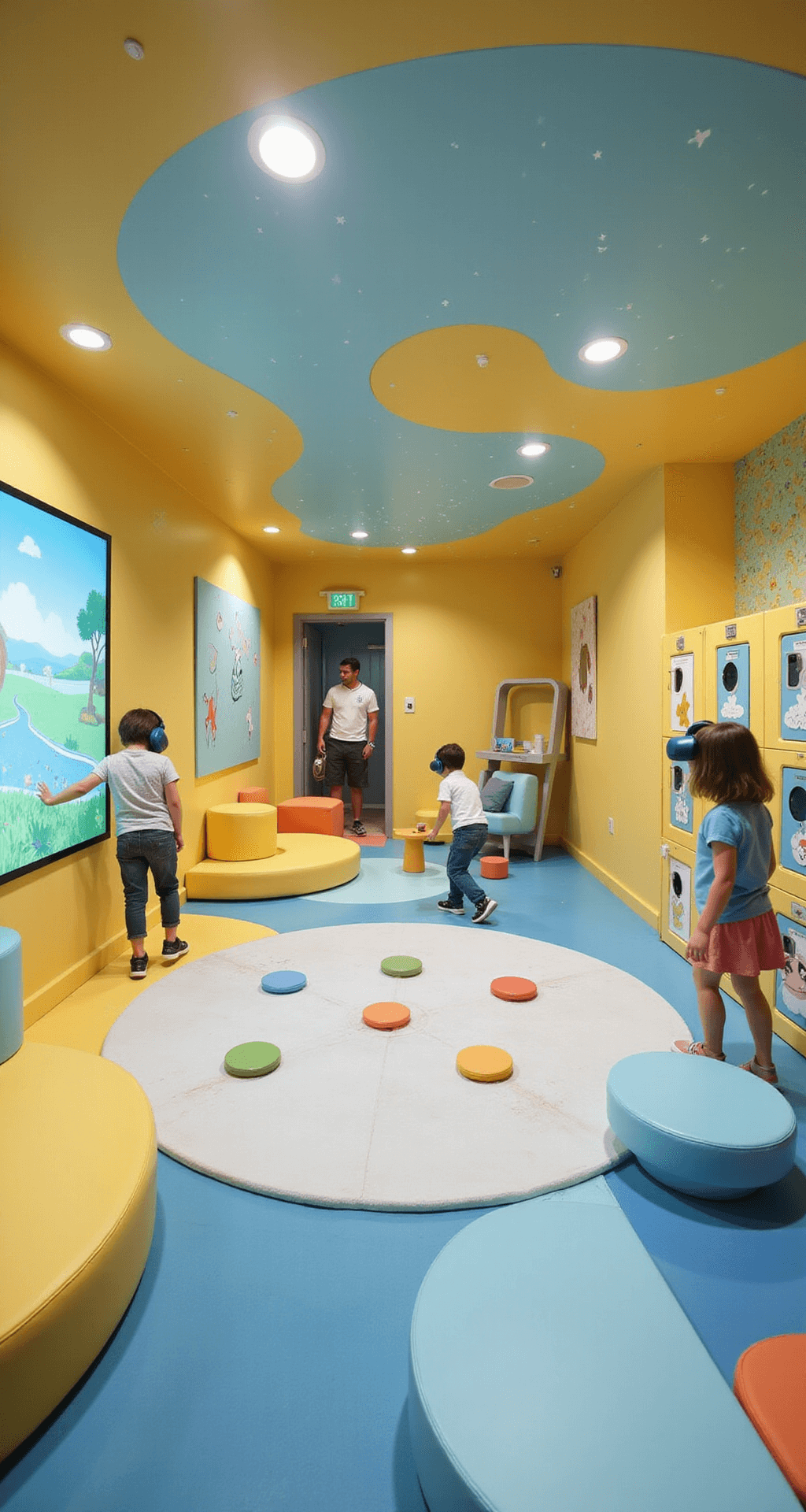 A vibrant family-friendly Rec Room play area featuring a soft, rounded design, pastel colors, an interactive digital mural, a circular play mat with motion sensors, modular furniture, a comfortable parent zone with a one-way mirror, twinkling LED stars, polka dot safety flooring, and colorful animal-shaped lockers for child-sized VR equipment.