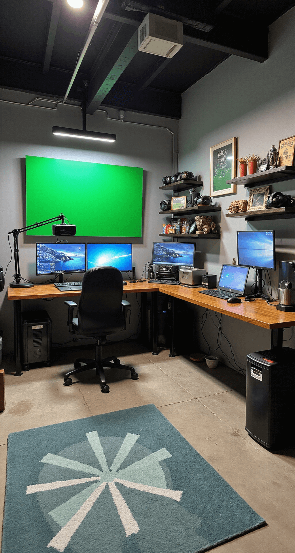 An entrepreneurial Rec Room studio featuring a horseshoe-shaped desk with multiple monitors, a high-end PC, and VR headsets, surrounded by industrial elements like exposed steel beams and writable paint walls. The space includes a professional lighting setup, a green screen, a cozy podcast nook with sound-absorbing panels, floating shelves with awards, and a small kitchenette with an espresso machine, all set on a concrete floor partly covered by a gray and teal abstract rug.