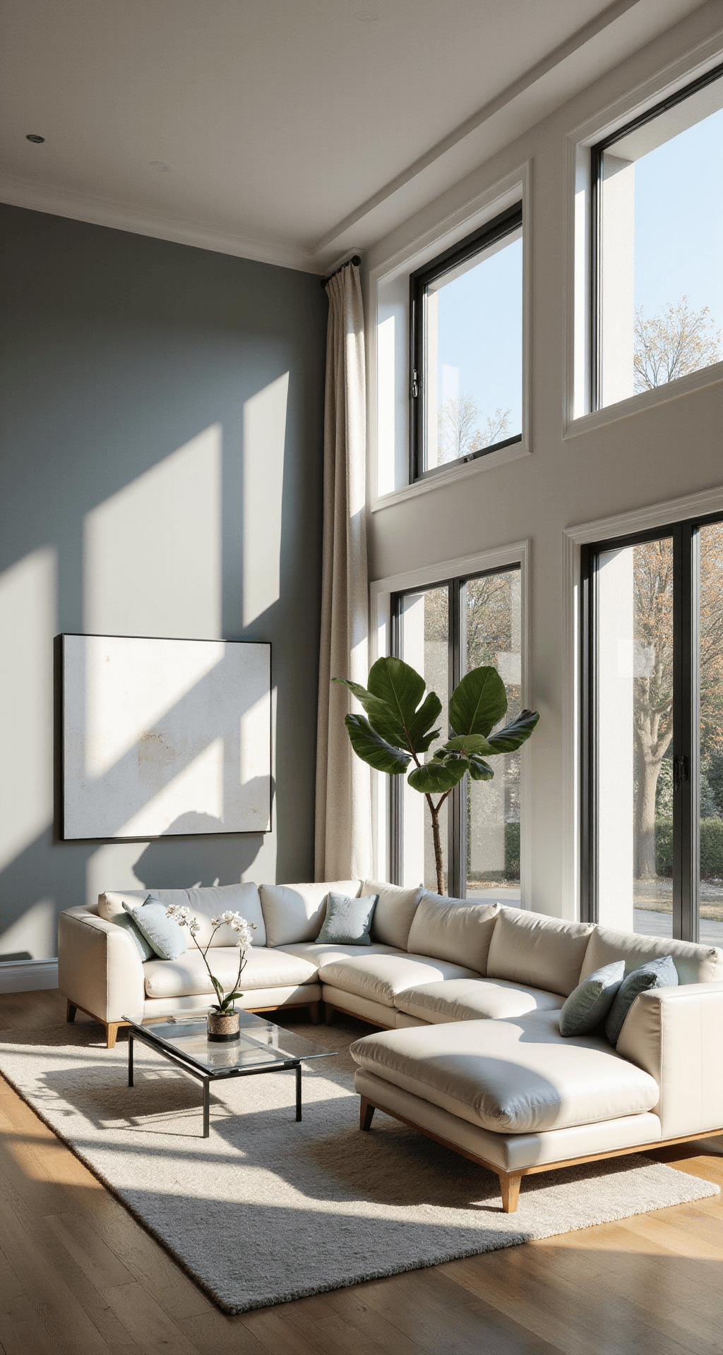 A spacious living room featuring a white leather sectional, glass coffee table with a minimalist orchid vase, warm grey accent wall, light oak flooring, and pops of muted teal in artwork and pillows, illuminated by soft morning light from floor-to-ceiling windows.