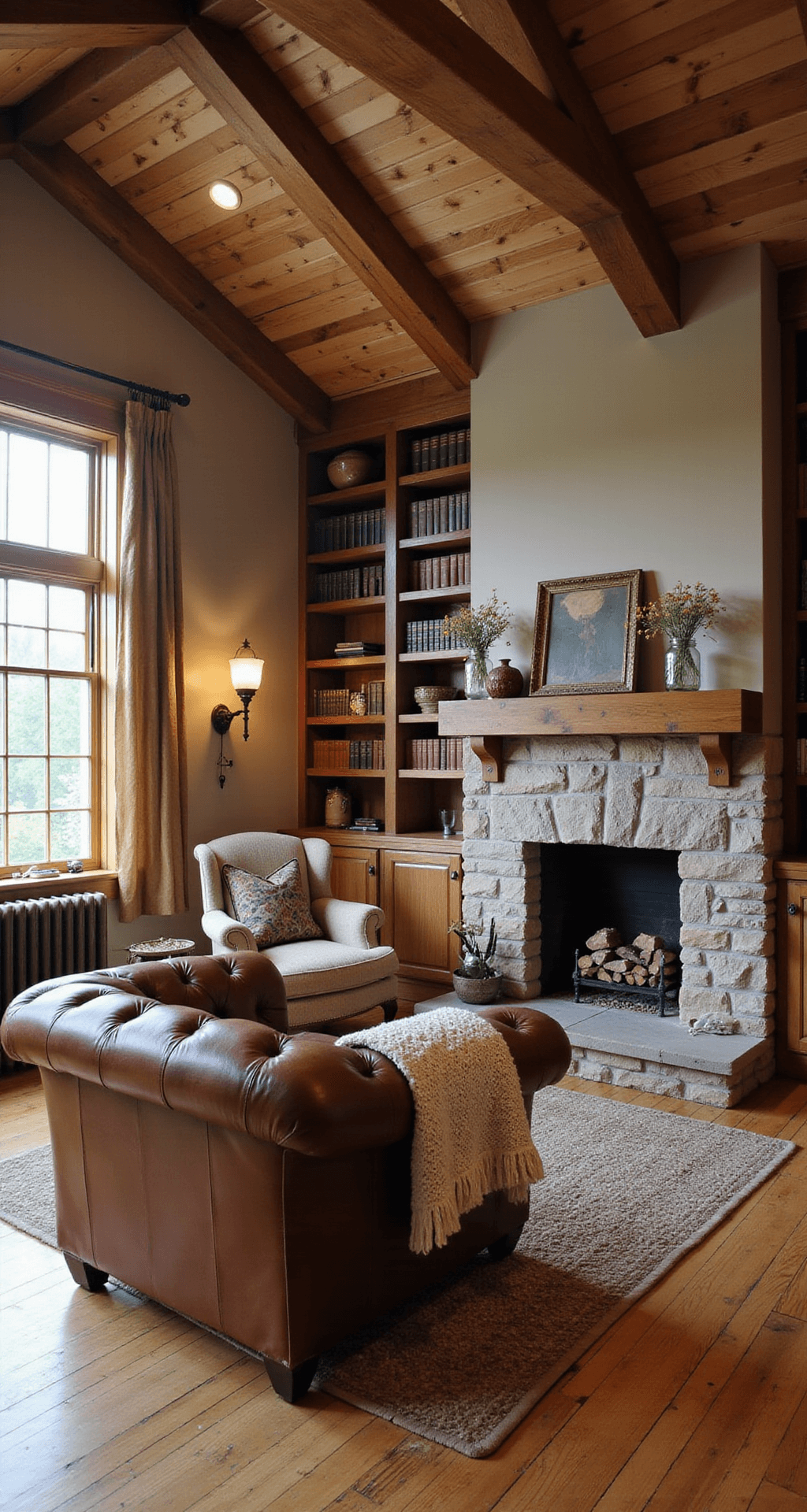 A cozy living space with a vaulted ceiling and exposed wooden beams, featuring a distressed leather Chesterfield sofa facing a stone fireplace, surrounded by built-in bookshelves filled with books and knick-knacks, accented by warm natural light and wildflowers in mason jars.