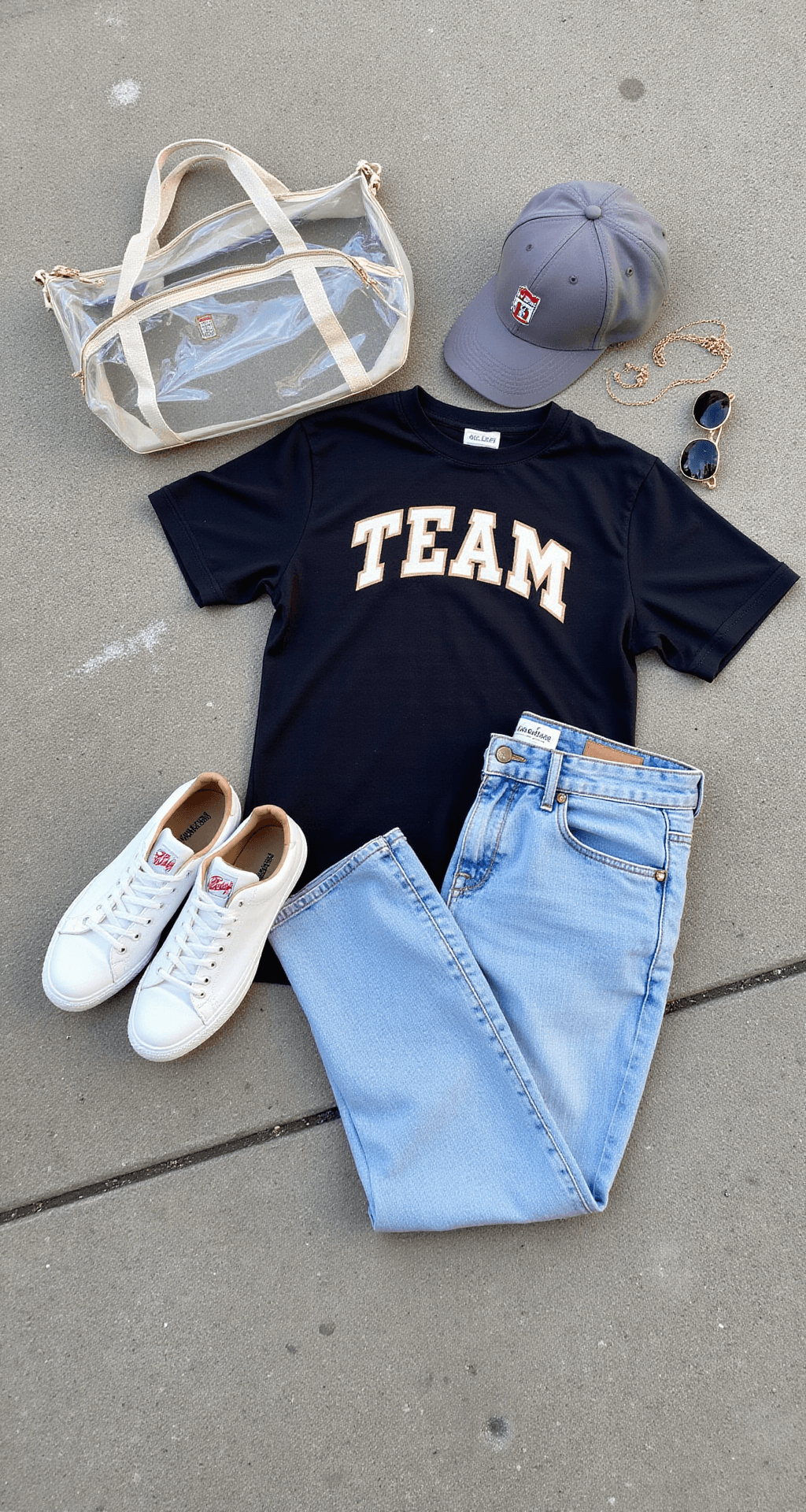 Flat lay of game day essentials on textured concrete, including a vintage team cap, retro team tee, high-waisted light wash jeans, white leather sneakers, a clear stadium bag, Ray-Ban aviators, and minimalist gold jewelry, all arranged in an elevated sporty minimalism style under natural daylight.