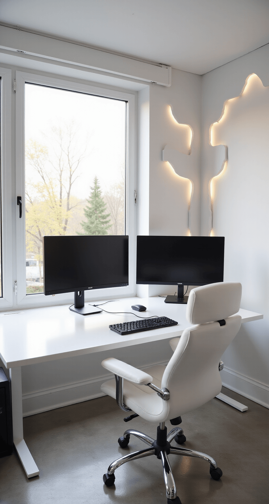 A minimalist tech haven in a bright 12x14ft room with floor-to-ceiling windows, featuring a clean white desk with dual 27-inch monitors on articulating arms, a ghost-white gaming chair, hidden wireless charging pads, and geometric LED panel designs on whitewashed walls, all illuminated by soft natural and warm backlighting.