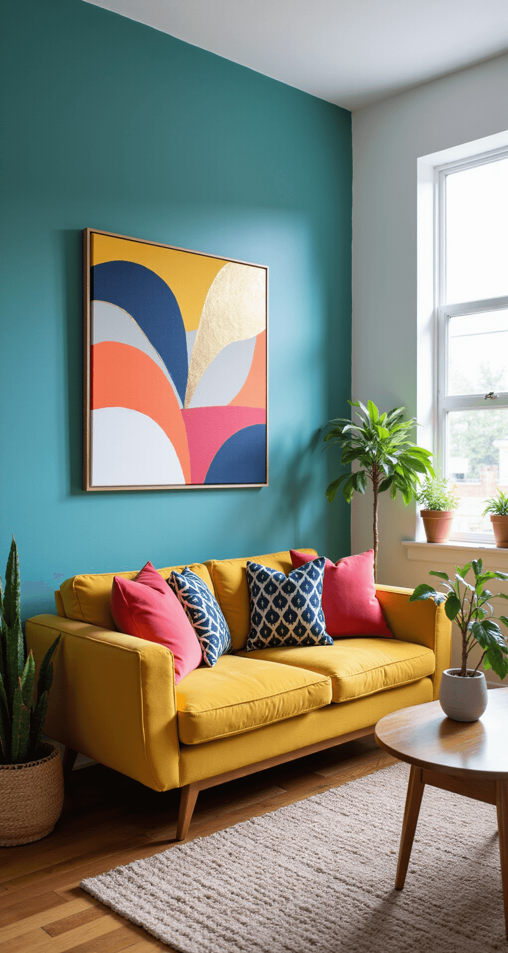 A vibrant living room features a bold teal accent wall, a mustard yellow mid-century sofa with geometric patterned pillows, an abstract canvas above, a neutral shag rug, and potted plants, all illuminated by bright midday light.