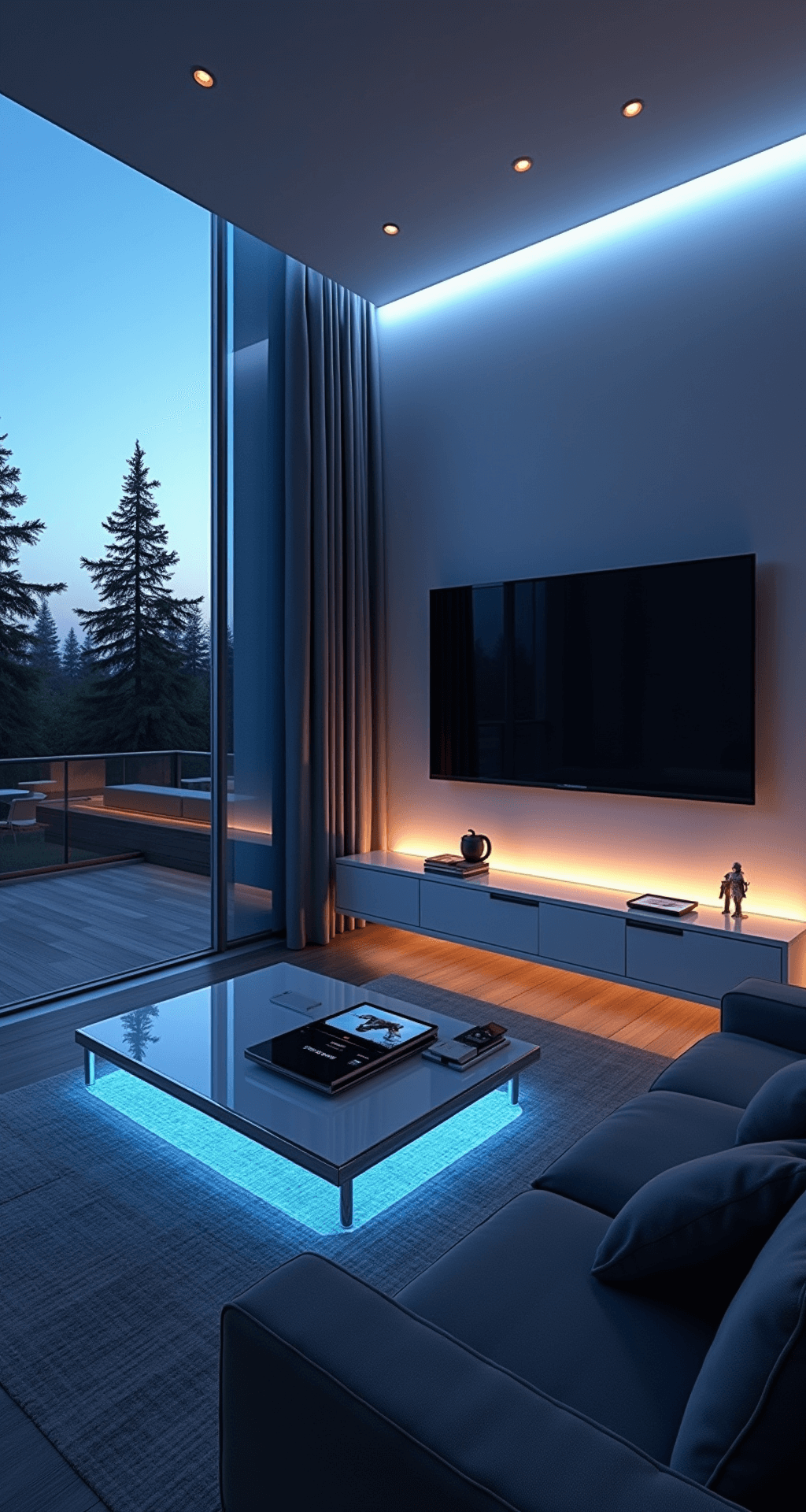 A modern living space featuring a large curved 4K TV above a floating media console, with a modular grey sectional and glass coffee table, illuminated by cool programmable LED strip lighting. Touchscreen tablets on side tables and wood-look tile flooring add to the high-tech aesthetic.