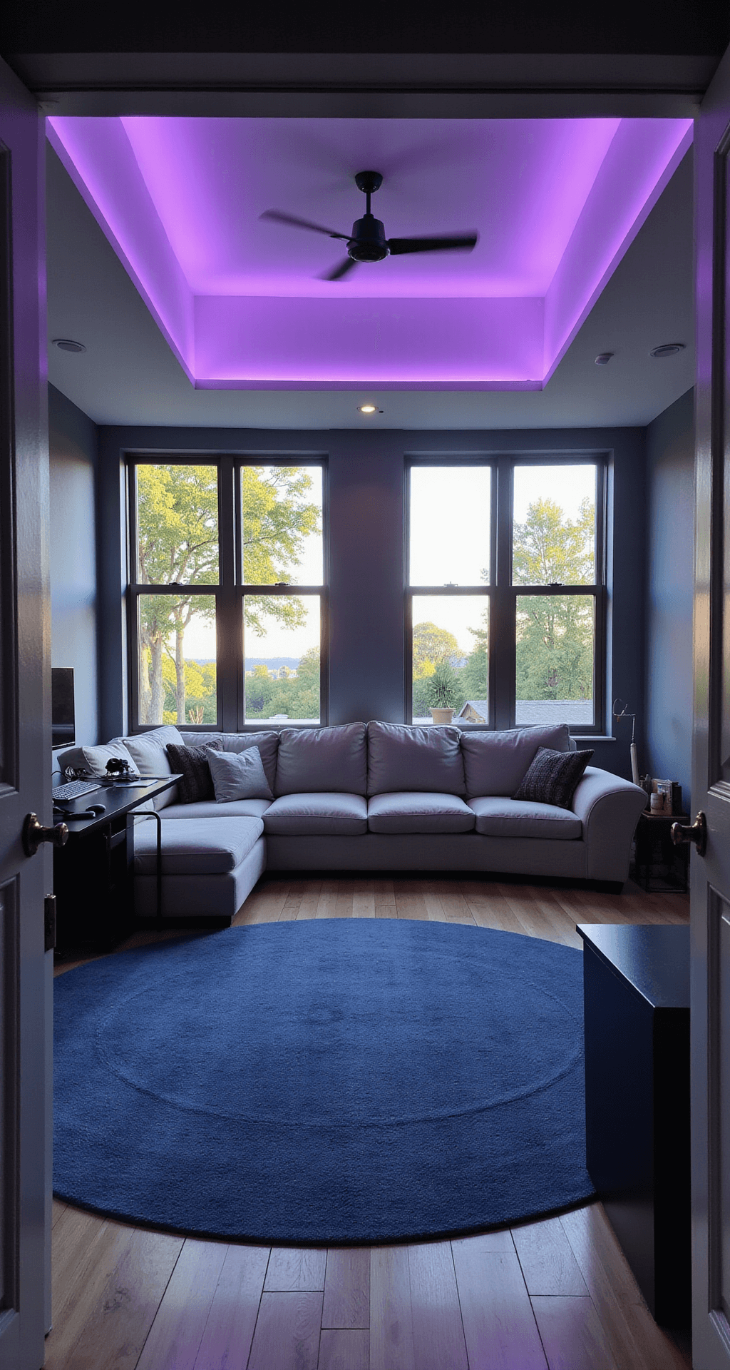 A spacious modern game room featuring floor-to-ceiling windows, a sleek black gaming desk against a charcoal wall, a light gray L-shaped sofa, a deep blue circular rug, and ambient LED strips casting a soft purple glow, with late afternoon sunlight illuminating the space.