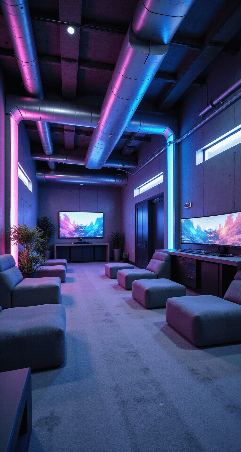 A futuristic game room featuring a high-performance PC battle station, a VR zone with padded flooring, and a central conversation pit with modular seating, all illuminated by color-changing LED panels and enhanced with cyberpunk-inspired decor.