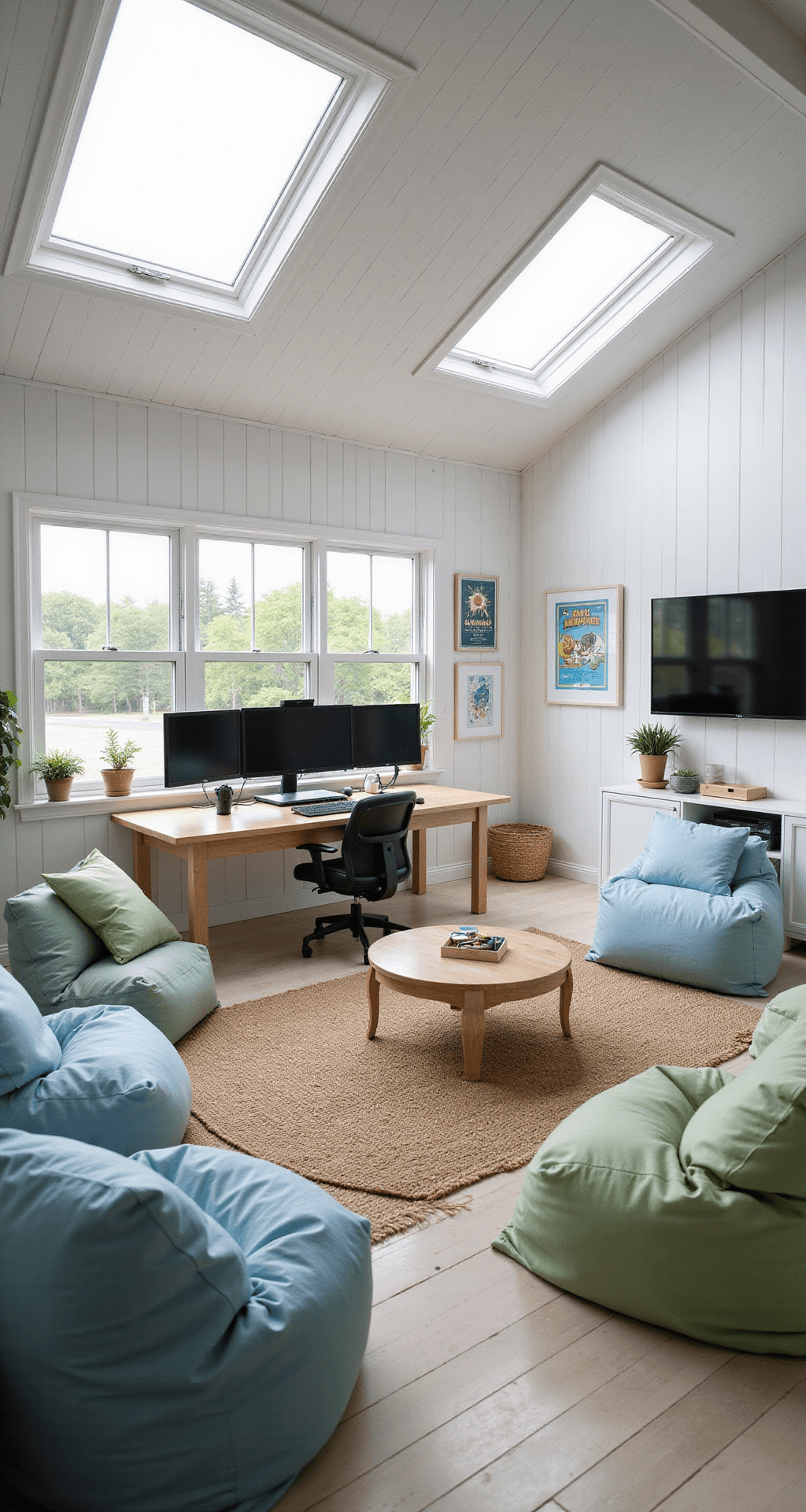 A bright coastal-themed game room with white wooden paneling, pale blue accents, a large L-shaped desk, multi-monitor setup, mounted flat-screen TV, bean bags, natural jute rugs, and potted plants, all bathed in natural light from skylights.