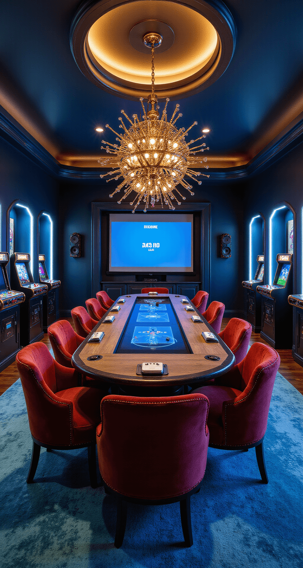 A luxurious 24x18ft game room featuring retro-futuristic design elements, with deep navy curved walls, illuminated alcoves showcasing classic arcade cabinets, a custom gaming table with integrated screens, plush velvet chairs, and a chandelier made from repurposed console components, alongside a massive projection screen and high-end speakers.