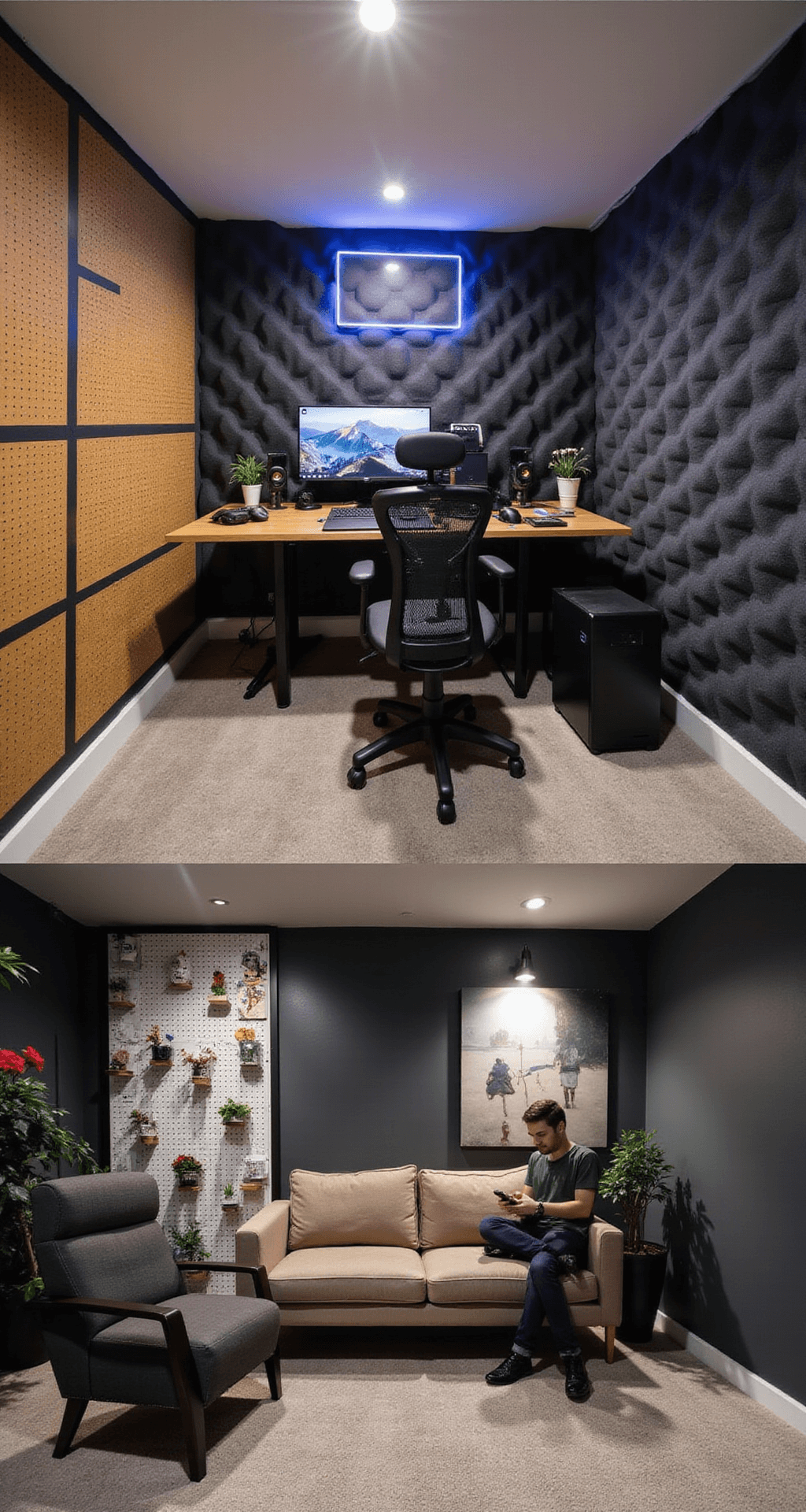 A compact 10x12ft game room designed for streaming, featuring sound-absorbing geometric panels, a dual PC setup on a height-adjustable desk, LED accent lighting, a pegboard for organizing peripherals, and a loveseat for relaxation, all viewed from a streamer's perspective.