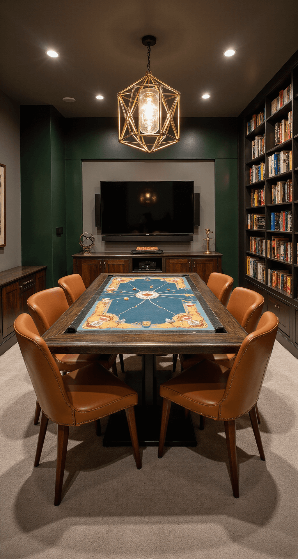 A sophisticated multi-purpose game room featuring high-end gaming setups, a custom gaming table with a built-in screen, and built-in shelving for an extensive board game collection, all styled with mid-century modern furniture and warm, rich colors.