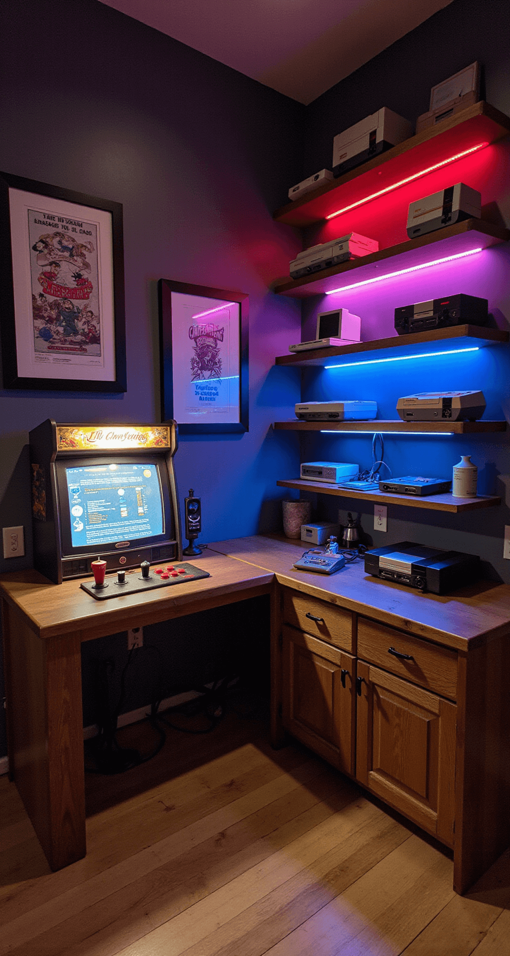 A retro gaming basement featuring a glowing vintage arcade cabinet, a custom wood gaming desk with USB ports, framed classic gaming posters, LED strip lights in Nintendo colors, modular floating shelves with retro consoles, and dramatic spotlighting on collectibles, captured from a low angle.