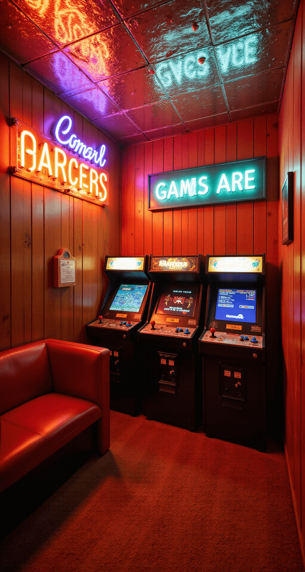 A compact retro arcade room with wood-paneled walls, illuminated by vintage neon signs. Three fully-restored arcade cabinets display flickering screens, while a red vinyl booth sits in the corner. Mirrored tiles on the ceiling reflect colorful lights, and a shag carpet in burnt orange adds texture. The image captures the nostalgic atmosphere from a high corner angle.