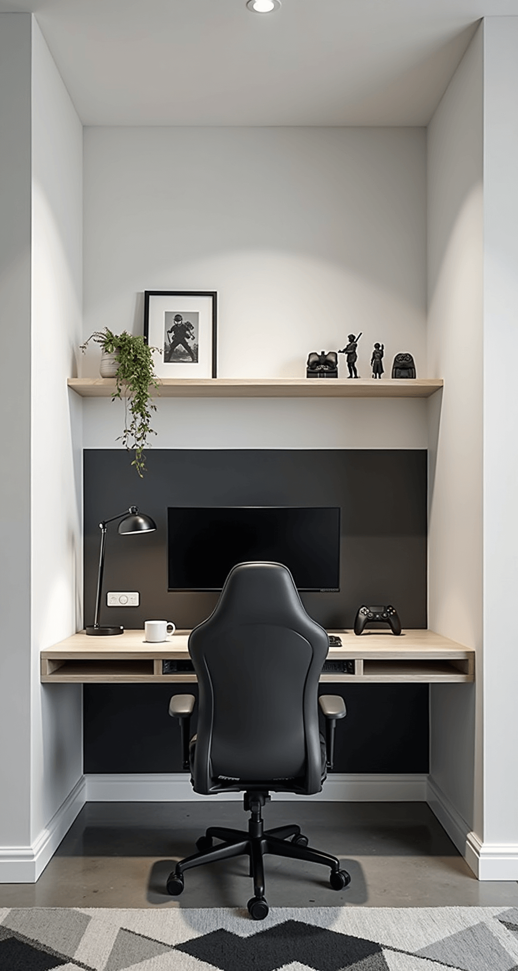 A minimalist gaming sanctuary featuring white walls, a matte black accent wall, a light ash wood floating desk with dual monitors, an ergonomic charcoal gray gaming chair, monochrome gaming art on floating shelves, recessed LED lighting, and a geometric black and white area rug on polished concrete flooring.
