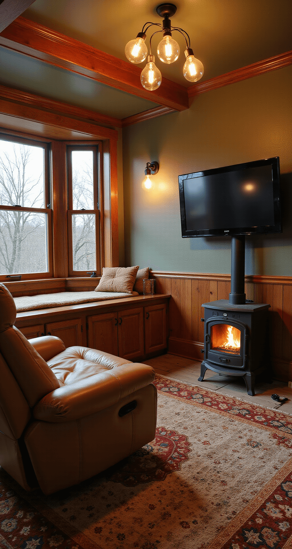 Cozy gaming nook with warm wood paneling, sage green walls, bay window reading seat, oversized leather recliner, wall-mounted TV, dimmable Edison bulb lighting, layered earthy rugs, and a small wood-burning stove, captured from seated eye level.