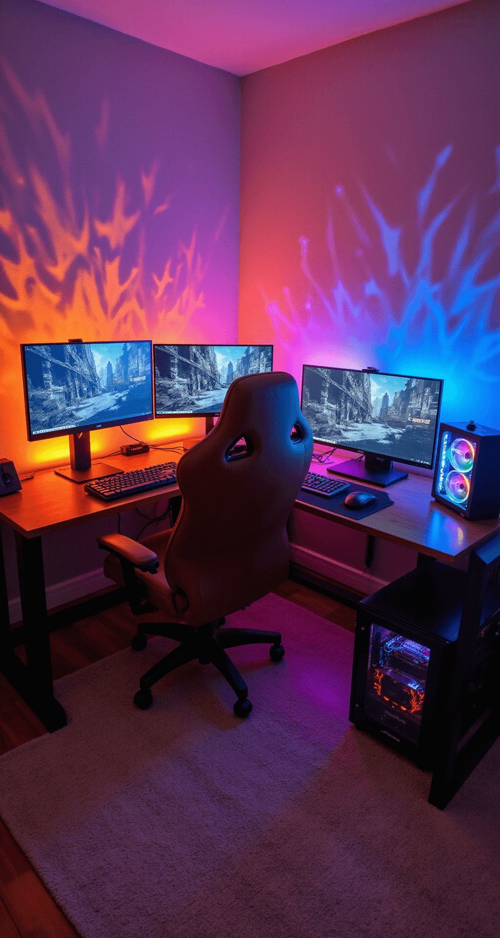 Corner gaming setup in a cozy 10x12ft room during golden hour, featuring an L-shaped walnut desk with a triple monitor array, a cognac brown leather gaming chair, and vibrant Nanoleaf panels casting geometric patterns on the wall. A custom-built PC with a tempered glass side panel displays premium RGB components, all illuminated by warm sunset light and cool LED accents for a cinematic ambiance.