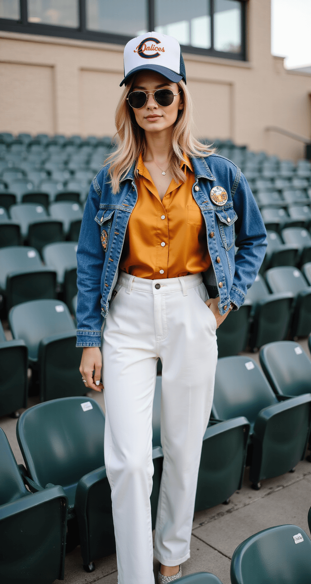 A woman in a team-colored silk button-down and high-waisted white wide-leg pants stands in a stadium seating area, showcasing casual elegance. She wears comfortable platform espadrilles and accessorizes with a subtle logo cap and vintage-style team pins on her denim jacket. The late afternoon light casts a warm glow, enhancing the sophisticated game day look.