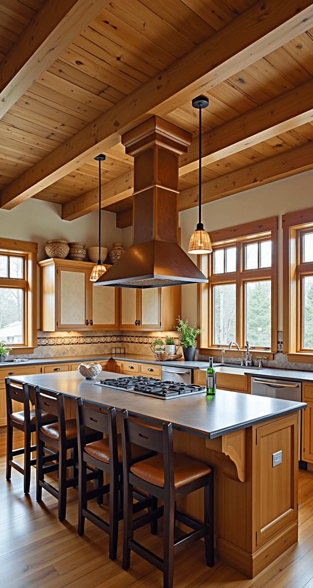 A spacious craftsman kitchen featuring exposed wooden beams, custom quarter-sawn oak cabinetry, and a copper range hood over soapstone countertops, illuminated by mid-morning light filtering through mullioned windows. The kitchen includes a handcrafted tile backsplash in earthy tones, mission-style pendant lights above a central island with leather barstools, and decorative woven baskets and pottery on display. The image is taken from a three-quarter view in the dining area, highlighting the workflow and warm lighting that enhances the wood grain.