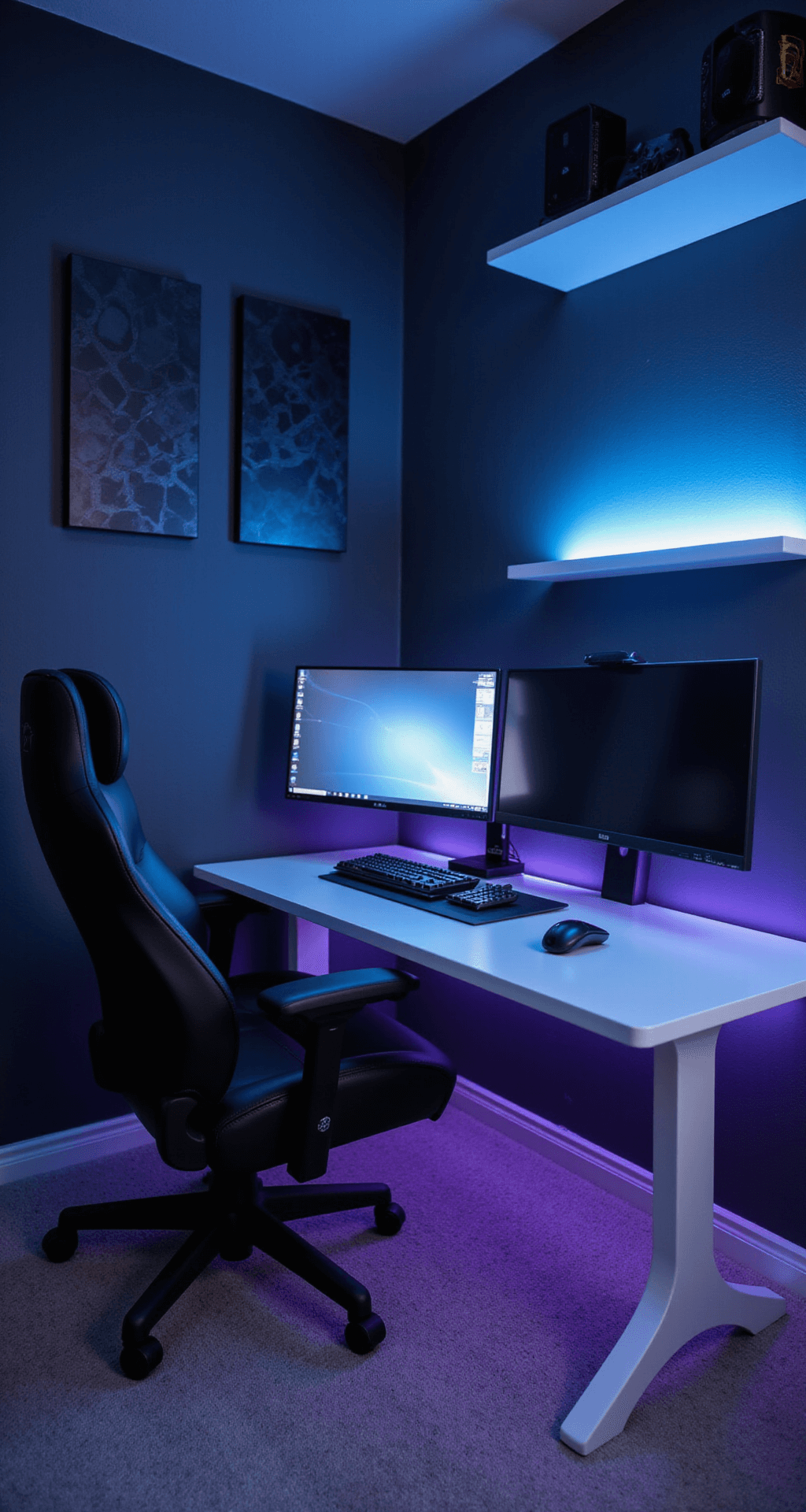 A cozy 12x12ft gaming corner during blue hour, featuring a black leather gaming chair, a white L-shaped desk with dual 27-inch monitors, and geometric acoustic panels on dark gray walls, illuminated by transitioning smart LED strips in deep blue and violet, with a minimalist floating shelf displaying gaming memorabilia.