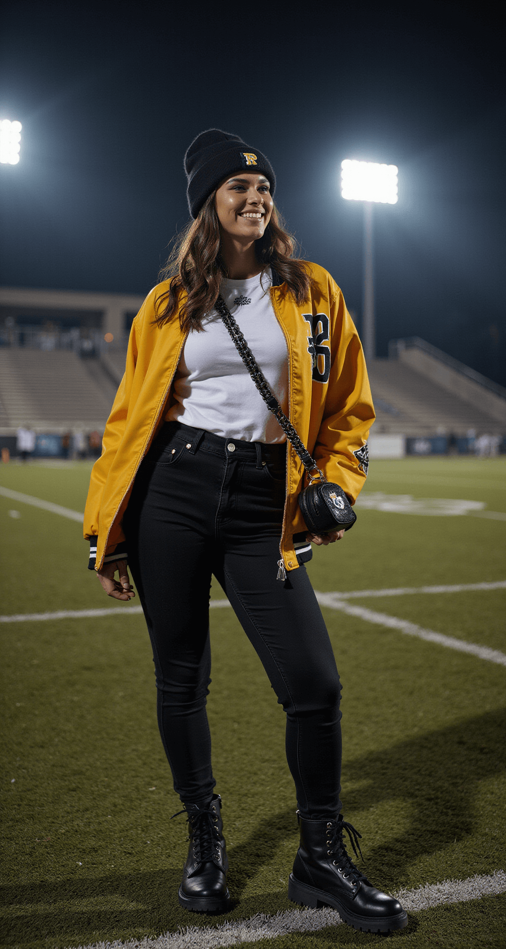 A model captured mid-laugh under stadium lights, wearing an oversized team-themed bomber jacket over a fitted white tee and black high-waisted jeans. Combat boots and a team beanie complete the look, while a crossbody bag with chain detail adds flair. The moody editorial setting features dramatic shadows and natural rim lighting.