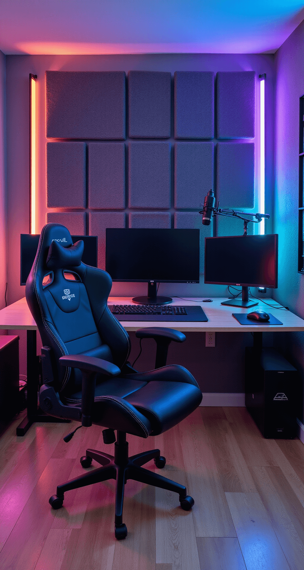 Gaming room with sound-absorbing charcoal grey backdrop, ultrawide monitor, vertical streaming monitors, premium microphone, RGB light strips, matte black chair, and professional studio lighting, all in a 15x15ft space.