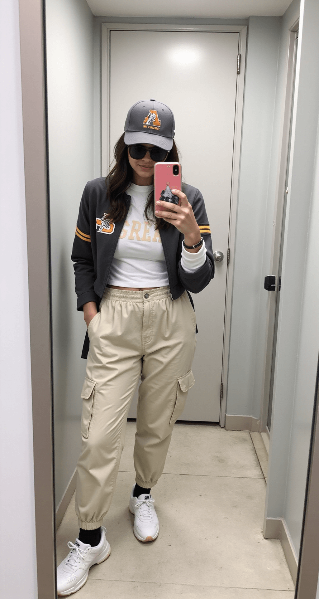 Mirror selfie in a stadium bathroom featuring a layered game day outfit: cropped team tee over a white long-sleeve thermal, high-waisted cargo pants, chunky white New Balance sneakers, and a team cap worn backwards. A clear stadium bag and retro sunglasses are visible in the reflection, with bright bathroom lighting enhancing the modern sporty minimalism aesthetic.
