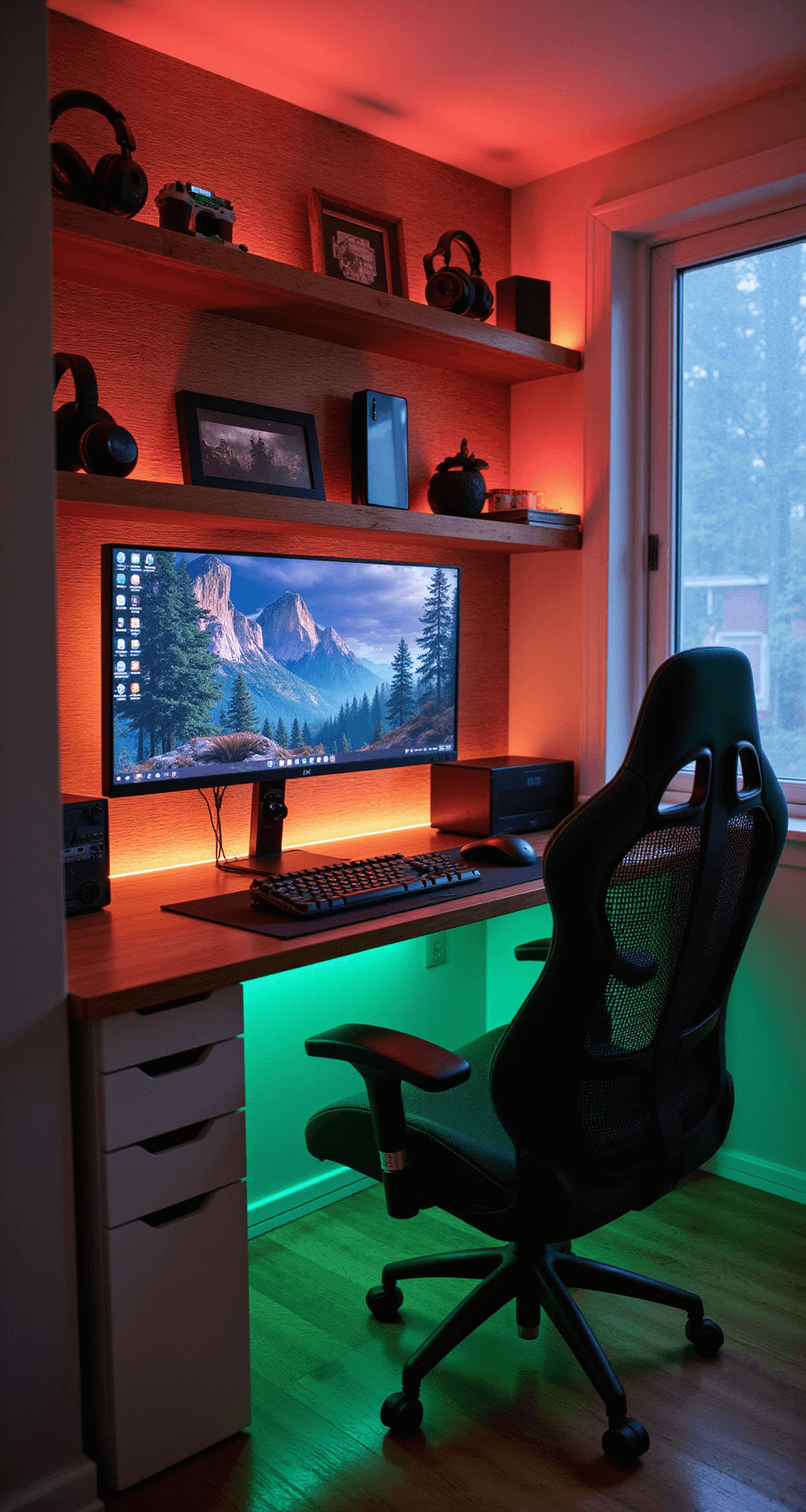 Cozy gaming nook featuring a wood-paneled accent wall, floating shelves with gaming memorabilia, a wall-mounted small form factor PC, and an ergonomic forest green mesh gaming chair, illuminated by bias lighting behind an ultrawide monitor and subtle RGB underglow beneath the floating desk.