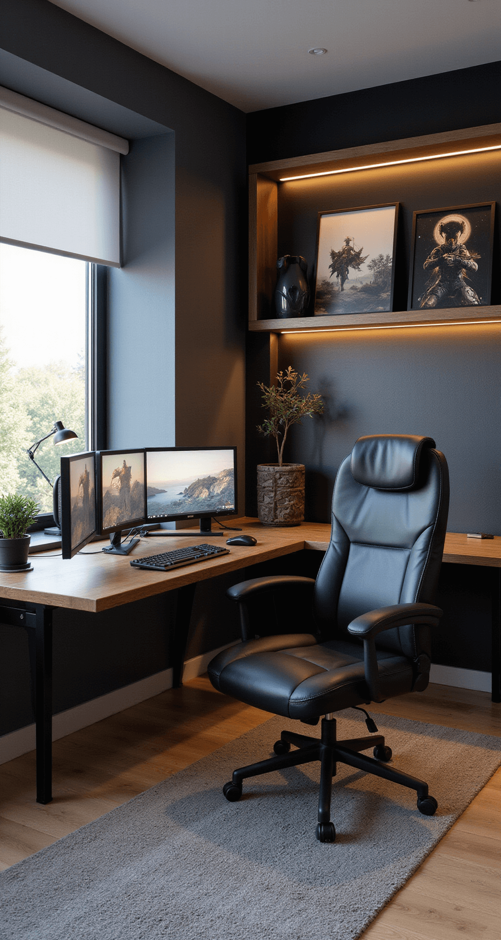 A modern gaming office featuring a black leather executive chair, dual ultrawide monitors on gas springs, a custom wooden desk with wireless charging, minimalist floating shelves with gaming art, and smart LED panels, all in a sophisticated aesthetic with balanced natural and artificial lighting.