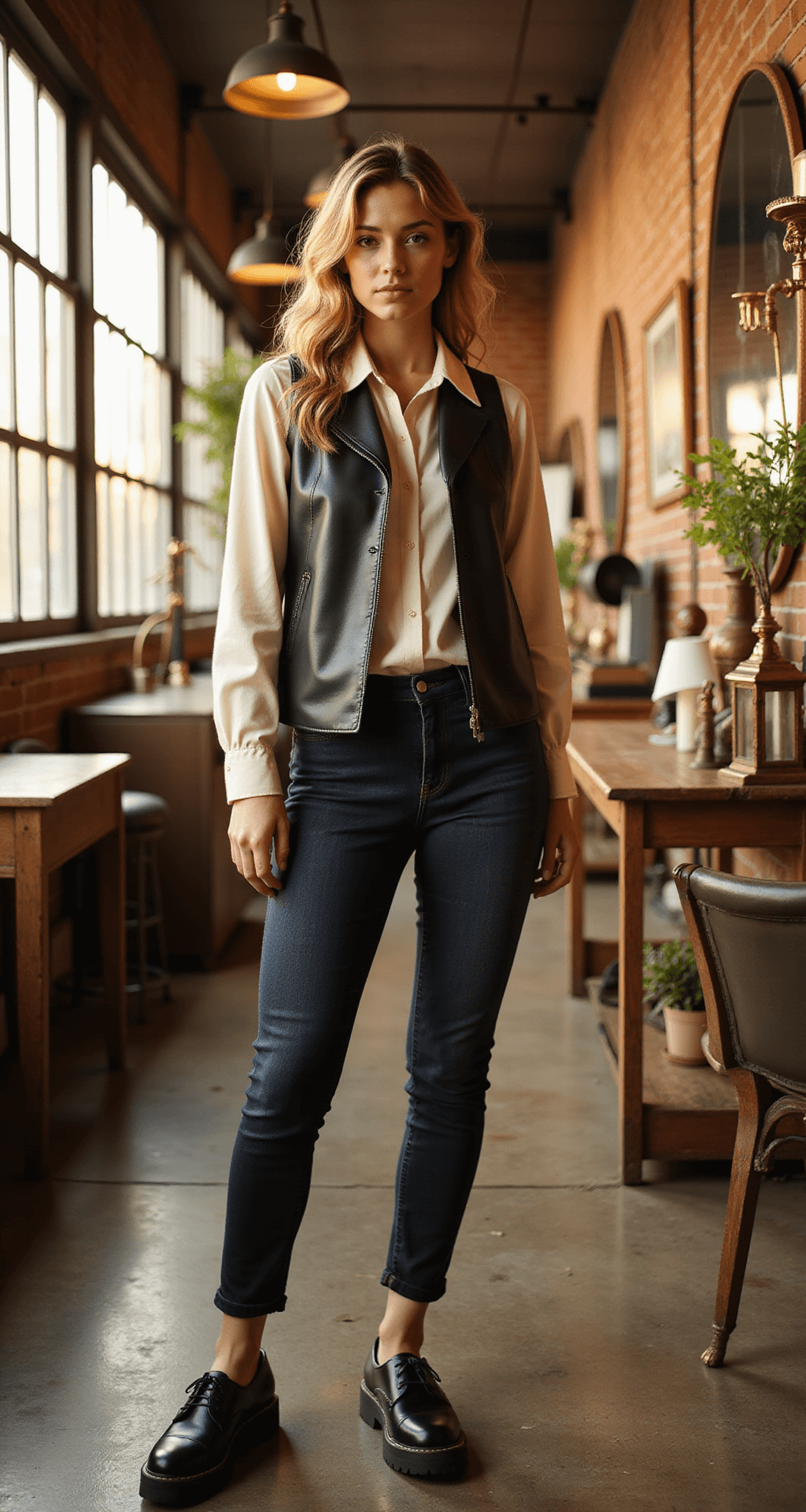 The Ultimate Guide to Horror Game Protagonist Style: Mixing Spooky and Chic A model in a cream Peter Pan collar blouse and black leather vest poses in a vintage boutique, illuminated by golden hour sunlight streaming through industrial windows, with antique mirrors reflecting warm light across a backdrop of brass fixtures and exposed brick walls.
