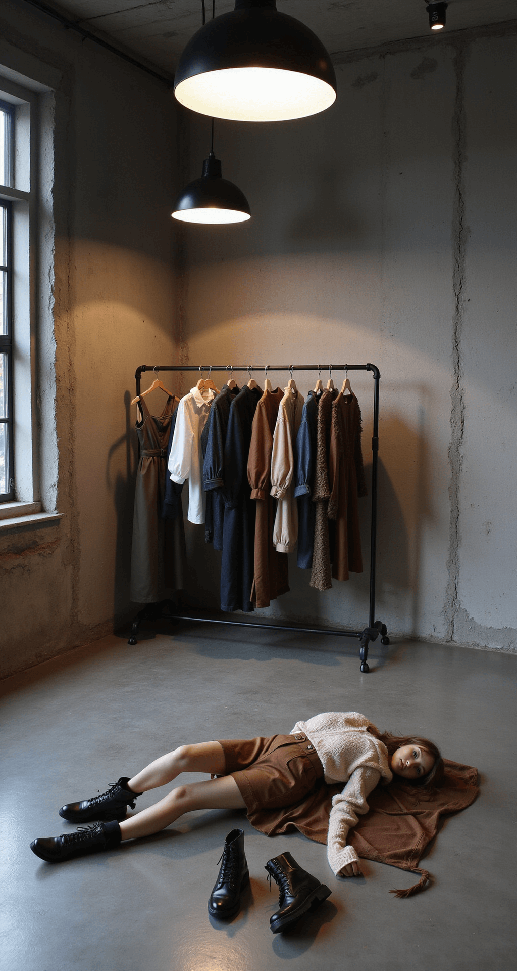 The Ultimate Guide to Horror Game Protagonist Style: Mixing Spooky and Chic A minimalist concrete loft illuminated by modern pendant lights, featuring a clothing rack with muted pastel and deep brown Victorian-inspired fashion, and a styled flat lay outfit with knee-high socks, combat boots, and lace accessories, highlighted by professional studio lighting.