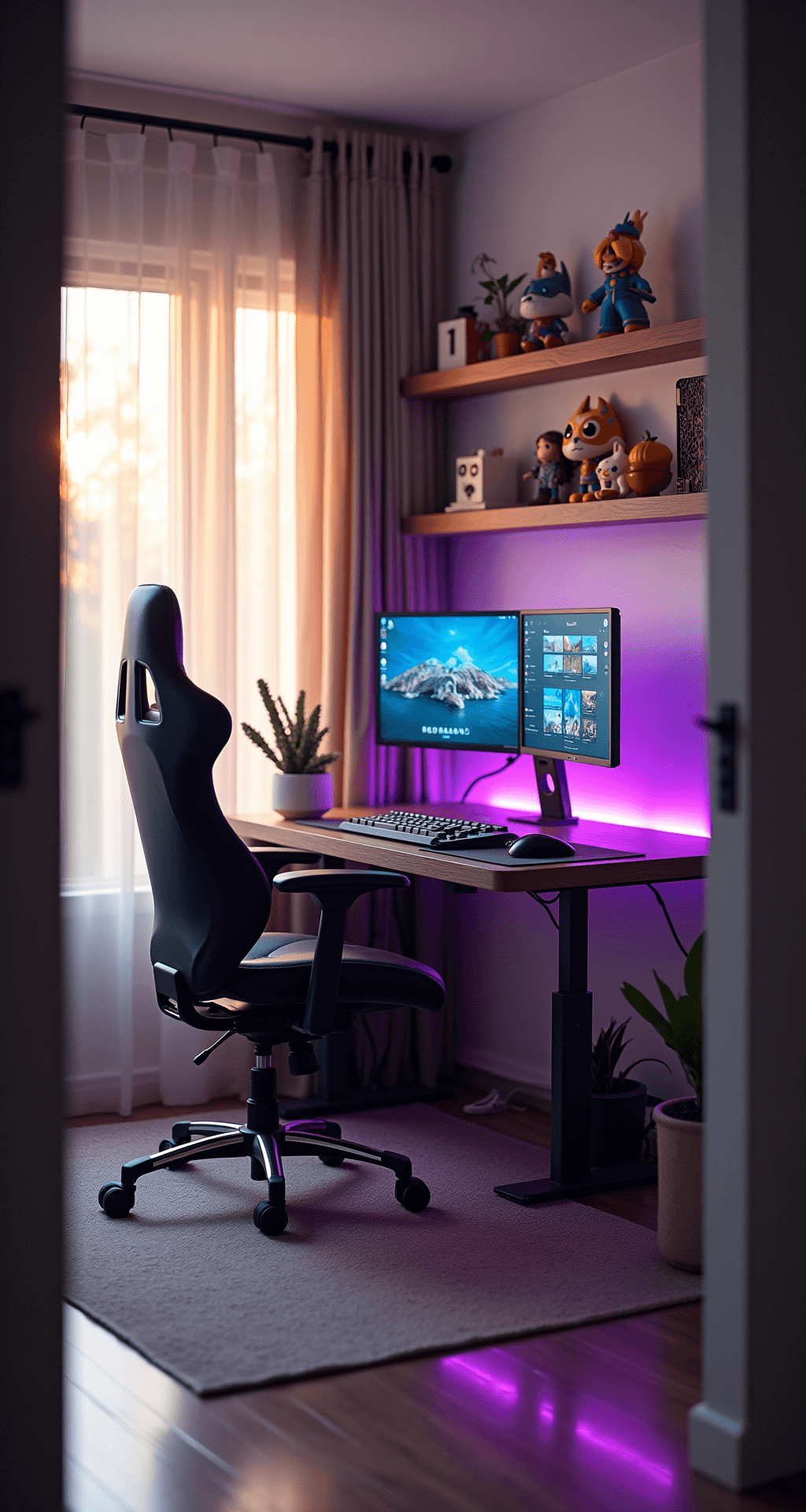 Creating Your Perfect Cozy Gaming Room: A Gamer's Ultimate Guide A modern gaming sanctuary featuring a black and chrome ergonomic chair, a floating walnut desk, and three monitors outlined with RGB strips, all bathed in late afternoon sunlight. Cable management is visible under a glass desk surface, and minimal decor includes floating shelves with Funko Pops and collector's editions. Shot from a low angle near the doorway, highlighting the clean lines and tech-forward aesthetic.
