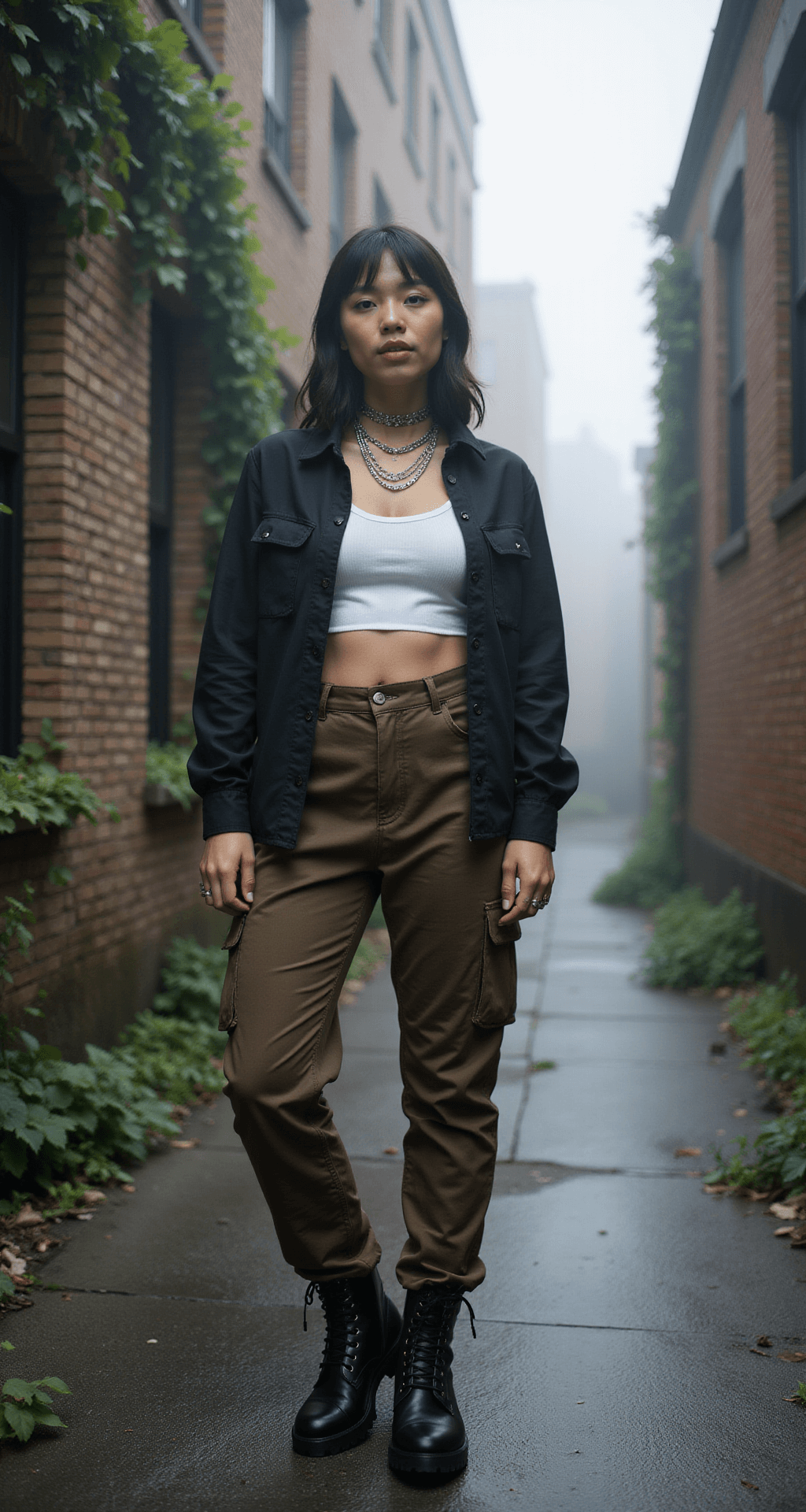 The Ultimate Guide to Horror Game Protagonist Style: Mixing Spooky and Chic A model poses in a misty urban alleyway, wearing a white bustier over a black button-up shirt and high-waisted brown cargo pants, complemented by platform combat boots. Silver chains and chokers add an edgy touch, while brick walls adorned with climbing vines fade into the morning fog, creating a moody, cinematic atmosphere.