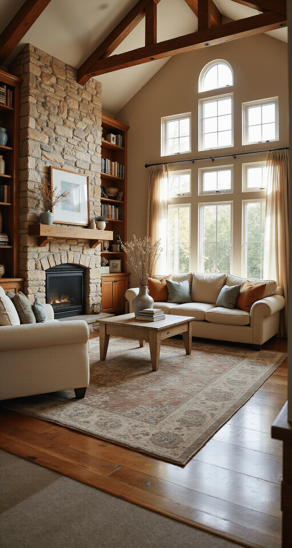 A warmly lit cozy suburban cottage living room with vaulted ceilings and exposed beams, featuring a plush beige sectional, stone fireplace, built-in bookshelves, and layered area rugs in earth tones, accented by sage green and rust orange pillows. A distressed wood coffee table displays books and a vase of wildflowers, viewed from the entryway.