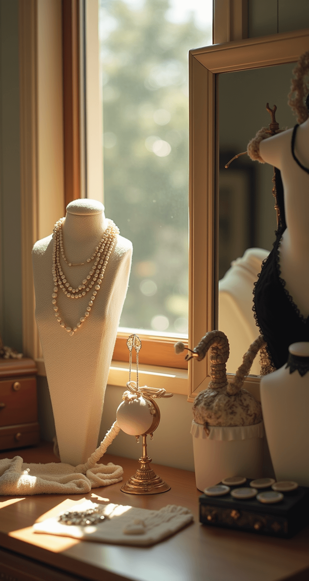 The Ultimate Guide to Horror Game Protagonist Style: Mixing Spooky and Chic Close-up of a vintage-inspired bedroom vanity featuring pearl necklaces on antique holders, lace ribbons, and chokers on velvet stands, with a cream henley and black lace camisole hanging nearby, all bathed in warm afternoon light and softened by a bokeh effect.