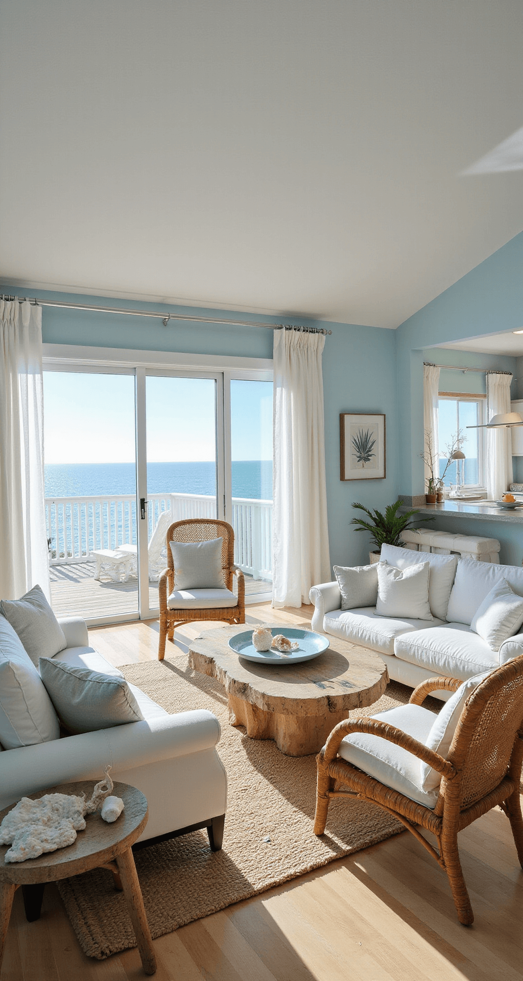 Breezy beachfront living area featuring floor-to-ceiling sliding glass doors, pale blue walls, white linen sofas, and rattan armchairs, with a driftwood coffee table. Bright natural light floods the space, showcasing coastal decor, sheer white curtains billowing, and an open-concept layout flowing into a modern kitchen.