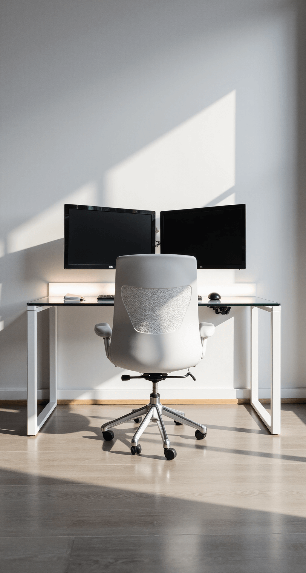 Creating Your Perfect Cozy Gaming Room: A Gamer's Ultimate Guide A minimalist tech haven featuring a white ergonomic mesh chair in front of a sleek glass L-shaped desk, illuminated by crisp morning light. The setup includes a dual monitor display with concealed LED strips providing bias lighting and hidden cable management for a clean aesthetic. The composition emphasizes symmetry and clean lines in a monochromatic palette with subtle tech accents.