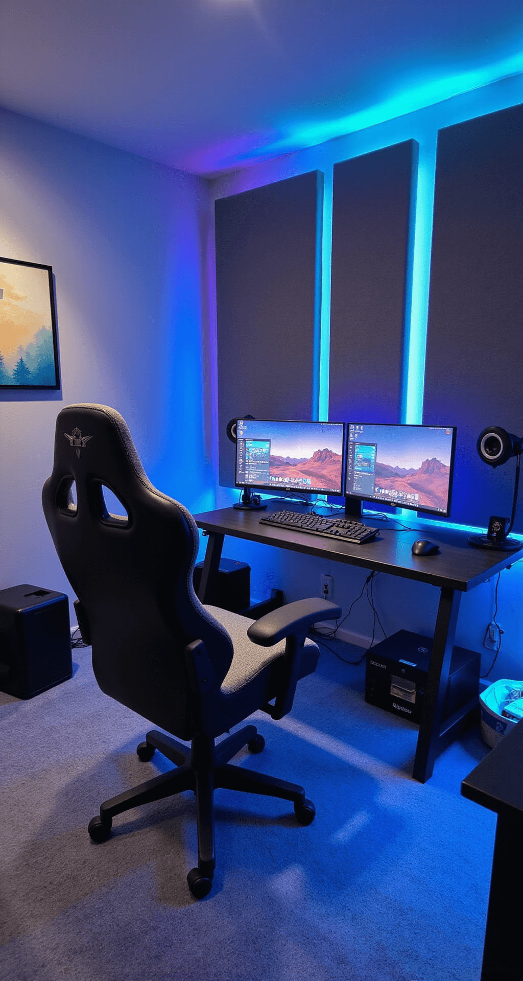 Creating Your Perfect Cozy Gaming Room: A Gamer's Ultimate Guide Cozy streamer retreat during blue hour featuring a premium gaming chair, dual curved monitors, smart lighting strips, and artistic sound absorption panels in cool grays with branded color accents.