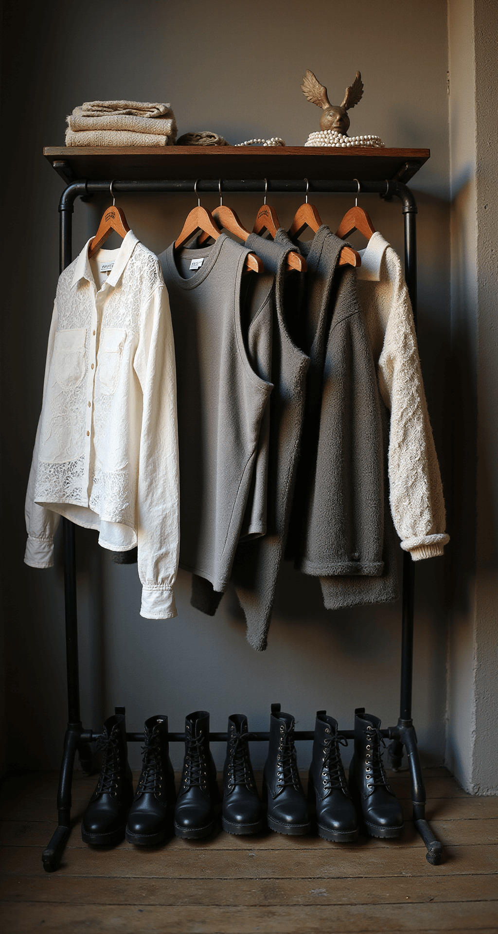 The Ultimate Guide to Horror Game Protagonist Style: Mixing Spooky and Chic A wide shot of an industrial-chic boutique showcasing a clothing rack styled with horror game protagonist essentials: white lace tops, structured vests, and fitted henleys in muted tones, with platform boots arranged below and pearl accessories above. Dramatic side lighting casts intriguing shadows across the textured fabrics.