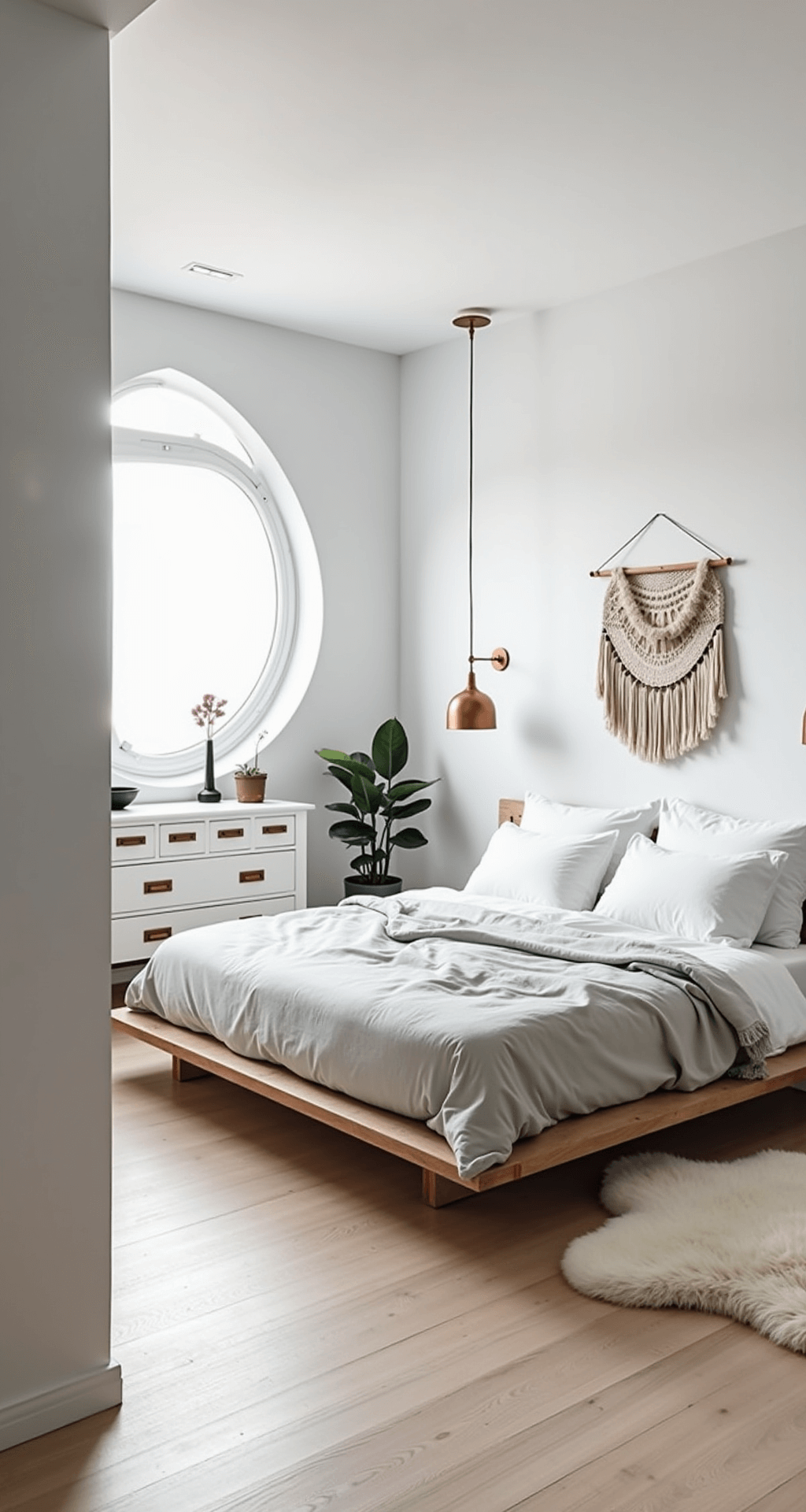 A minimalist Scandinavian-inspired bedroom featuring white walls, pale ash wood flooring, a low-profile platform bed with crisp white linens, pendant lights, a sleek white dresser with copper hardware, a sheepskin rug, a woven wall hanging, and a potted fiddle leaf fig, all bathed in soft morning light from a large round window.