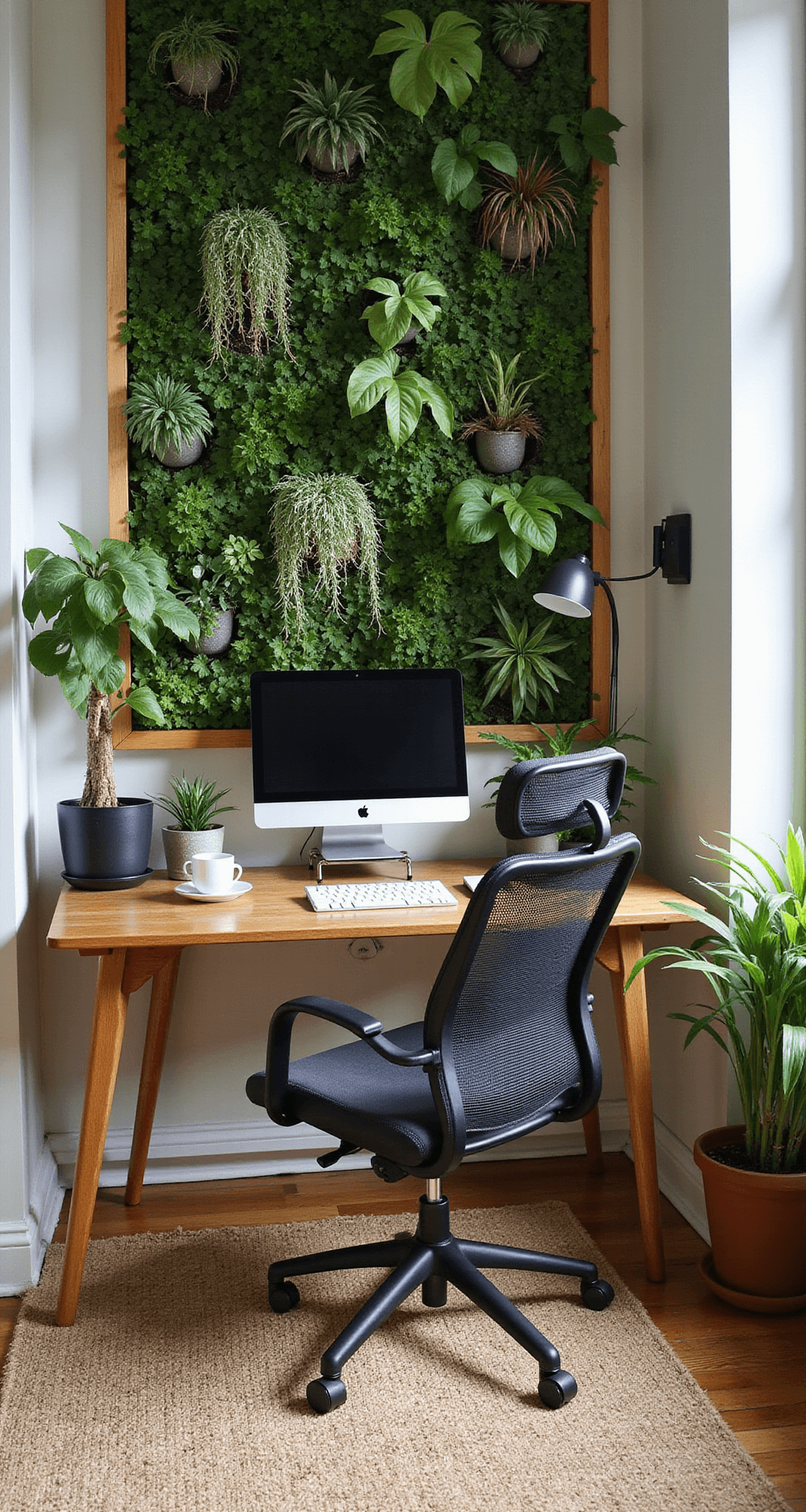 Creating Your Perfect Cozy Gaming Room: A Gamer's Ultimate Guide A serene 13x15ft gaming space featuring a sustainable wooden desk and an ergonomic bamboo and mesh chair, surrounded by a living wall of air plants and pothos, with a natural fiber rug beneath, all bathed in natural daylight and showcasing a minimal tech setup in earth tones with green accents.