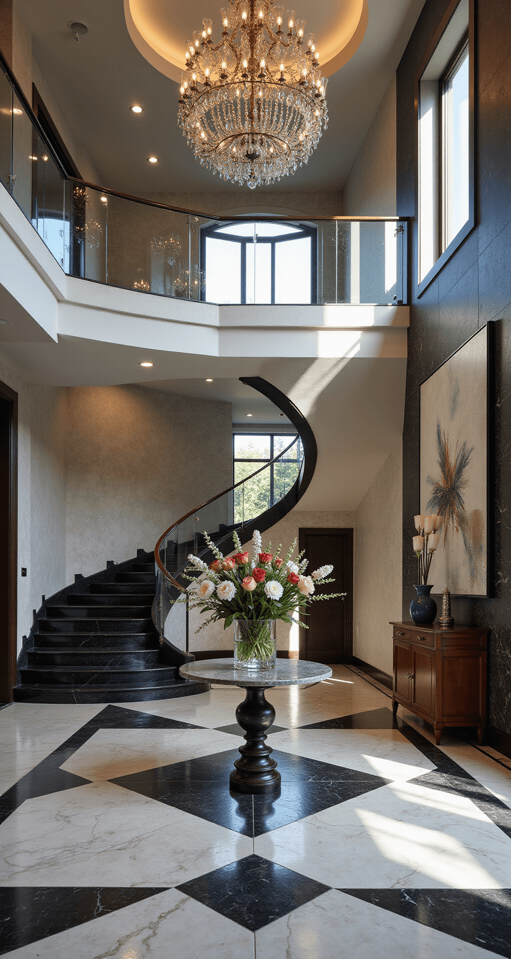 An opulent two-story foyer in a modern mansion featuring a sweeping marble staircase, high-gloss black and white tile flooring, a grand chandelier, and oversized abstract art, captured from the second-floor landing with evening light creating dramatic shadows.